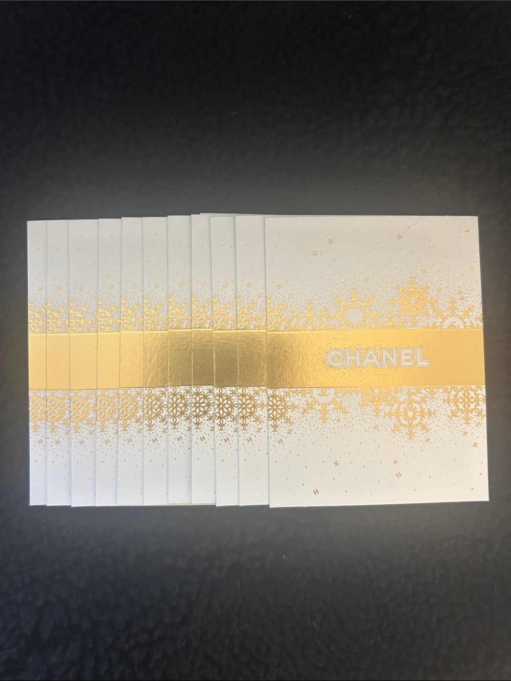 CHANEL 12-Small Luxury White Paper Note Cards or Gift Tags W/Gold Embossed Logo